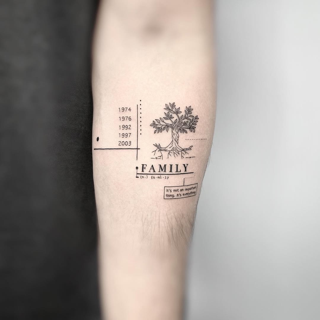 Meaningful family tree tattoo with personal dates