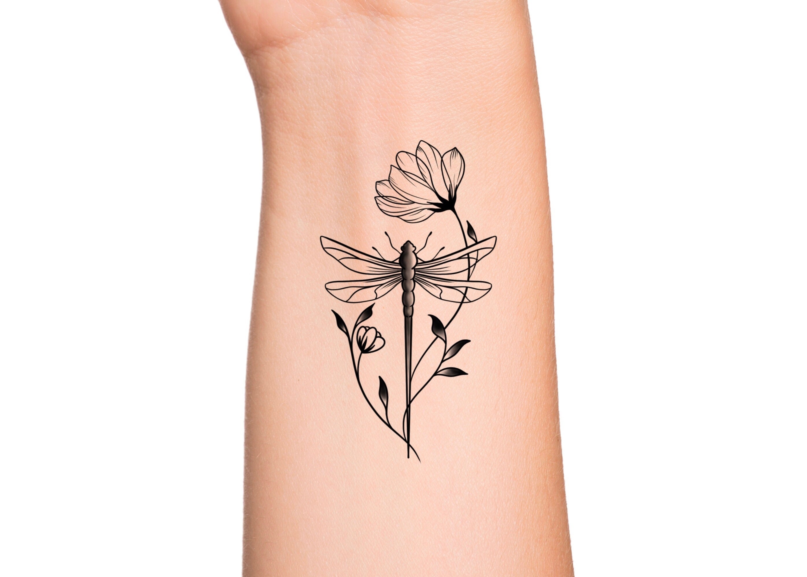 Dragonfly X-ray Flowers and Leaves Temporary Tattoo Feminine ...