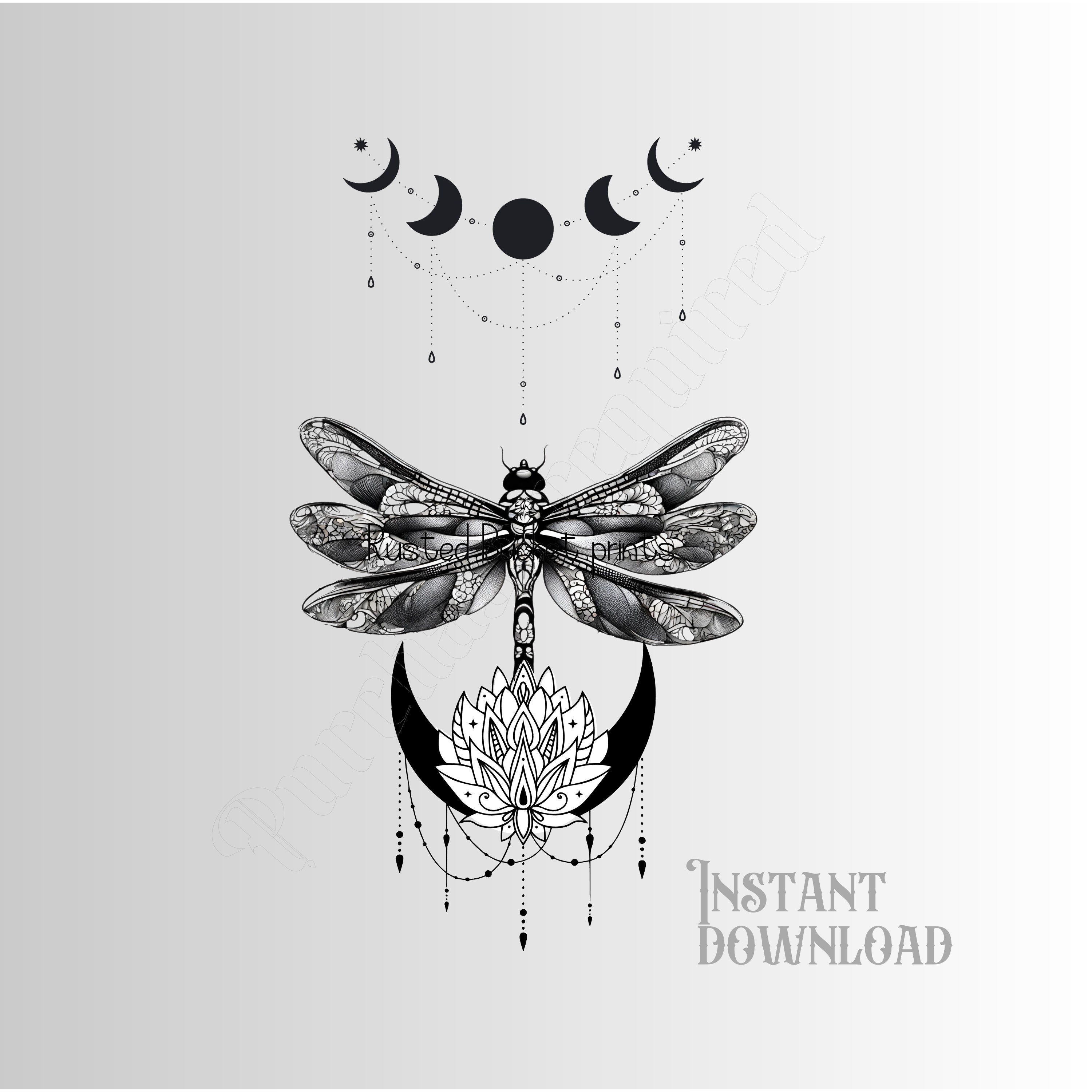 Instant download Mystical Tattoo Design, with moon phases, dragonfly and jeweled crescent moon