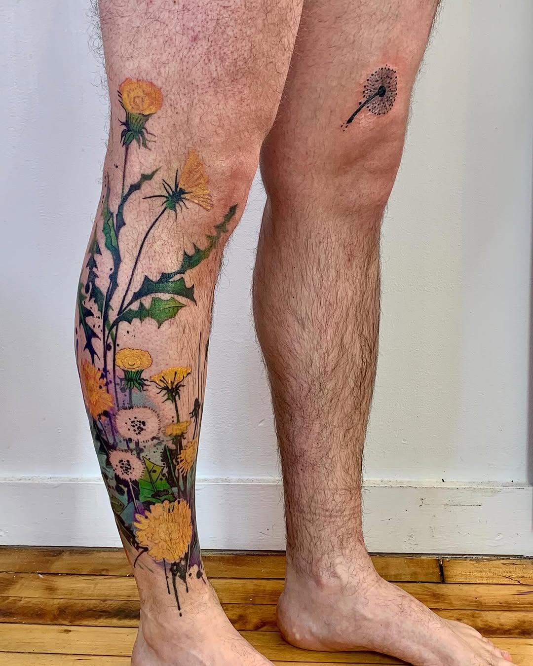 Vibrant Dandelion and Flower Tattoo on Leg