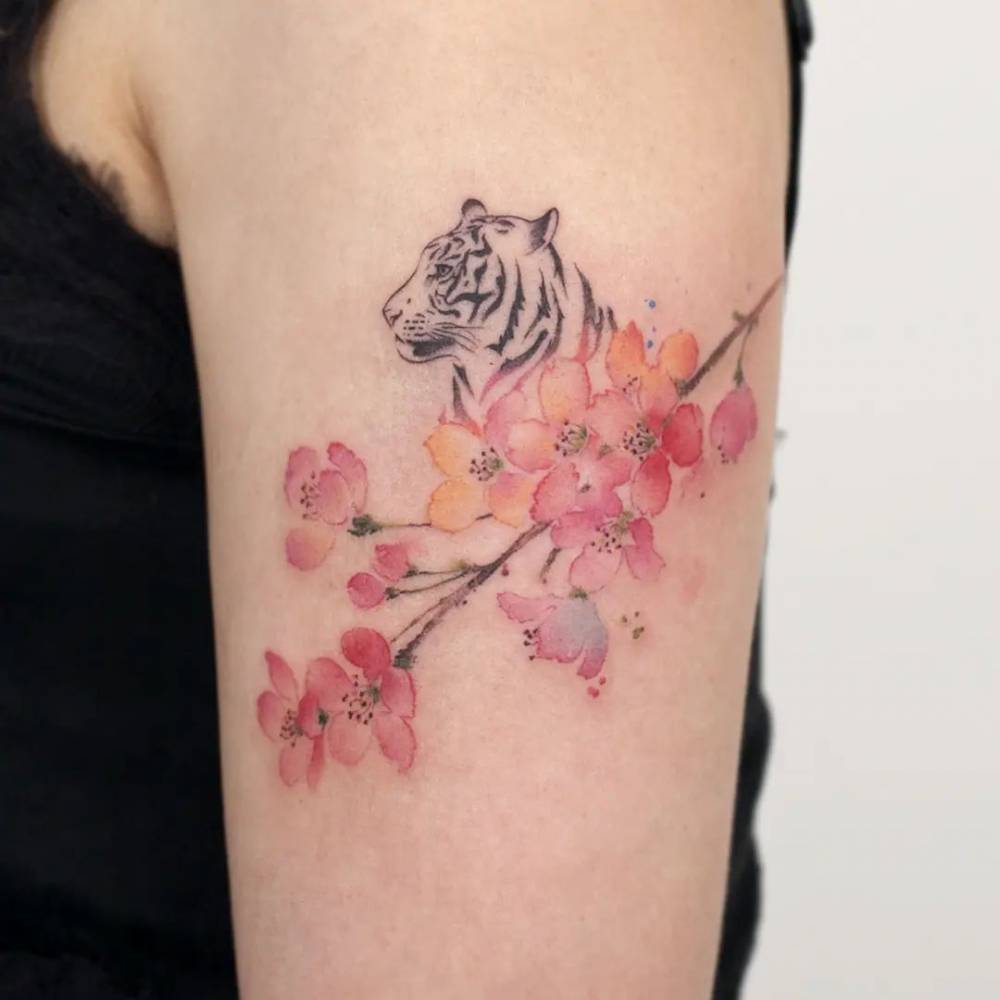 Watercolor cherry blossom and tiger tattoo located on