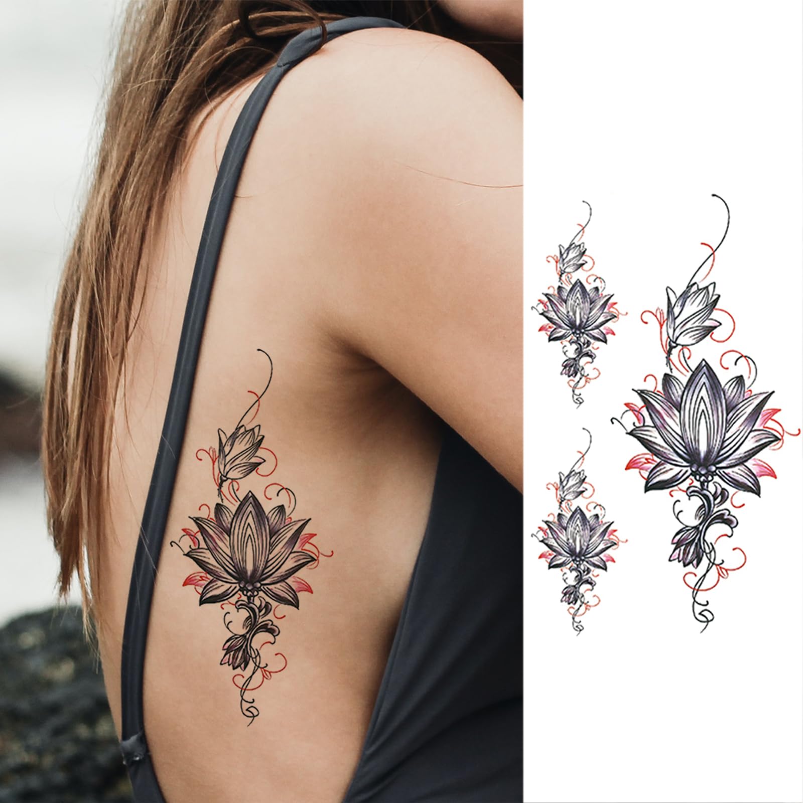 Realistic Lotus Flower Temporary Tattoo for Women, Black Large Indian Tribal Bohemia Lace Fake Tattoo Adult Girl, Sexy Jewelry Mandala Floral Temp ...