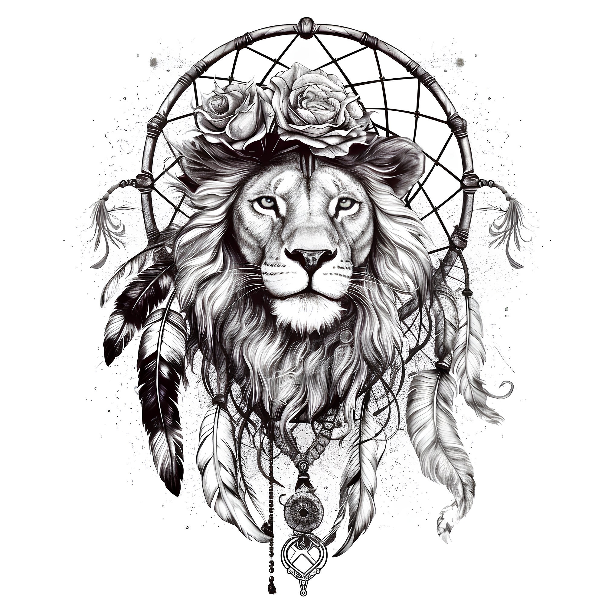 Tattoo design protecting Lion and Dream Catcher printable art