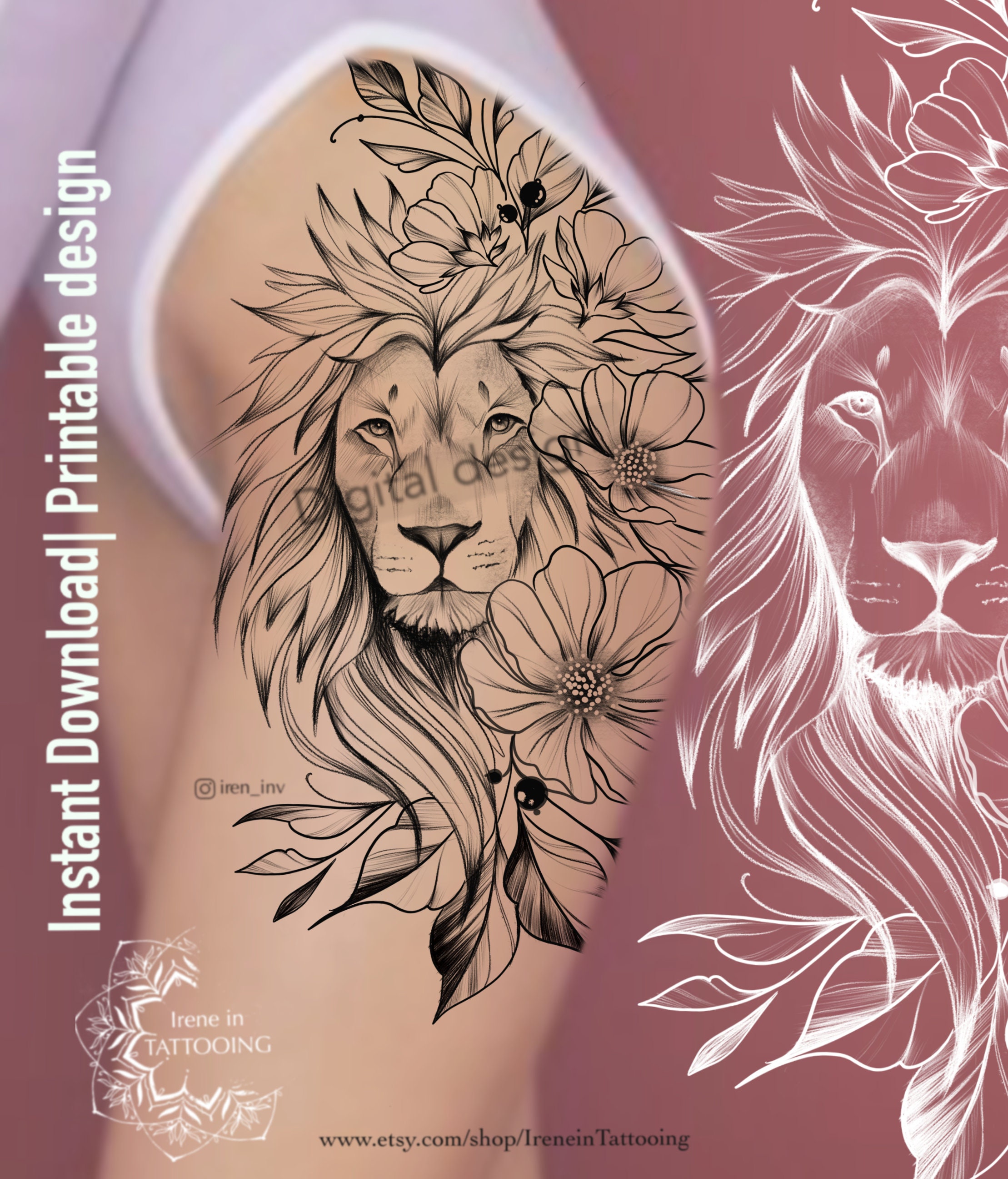 Lion & Flowers Tattoo Design Instant Download Original Print ...