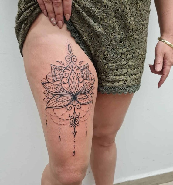 Jewel Mandala Ornamental Lotus Flower Thigh Temporary Tattoo - Etsy