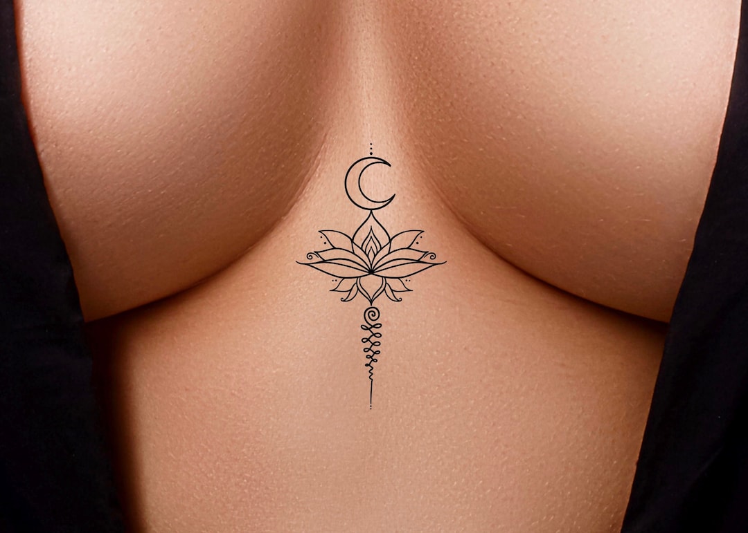 Crescent Moon Lotus Unalome Feminine Sternum Temporary Tattoo Floral Underboob Tattoo Mandala Unalome Temporary Tattoo - Etsy