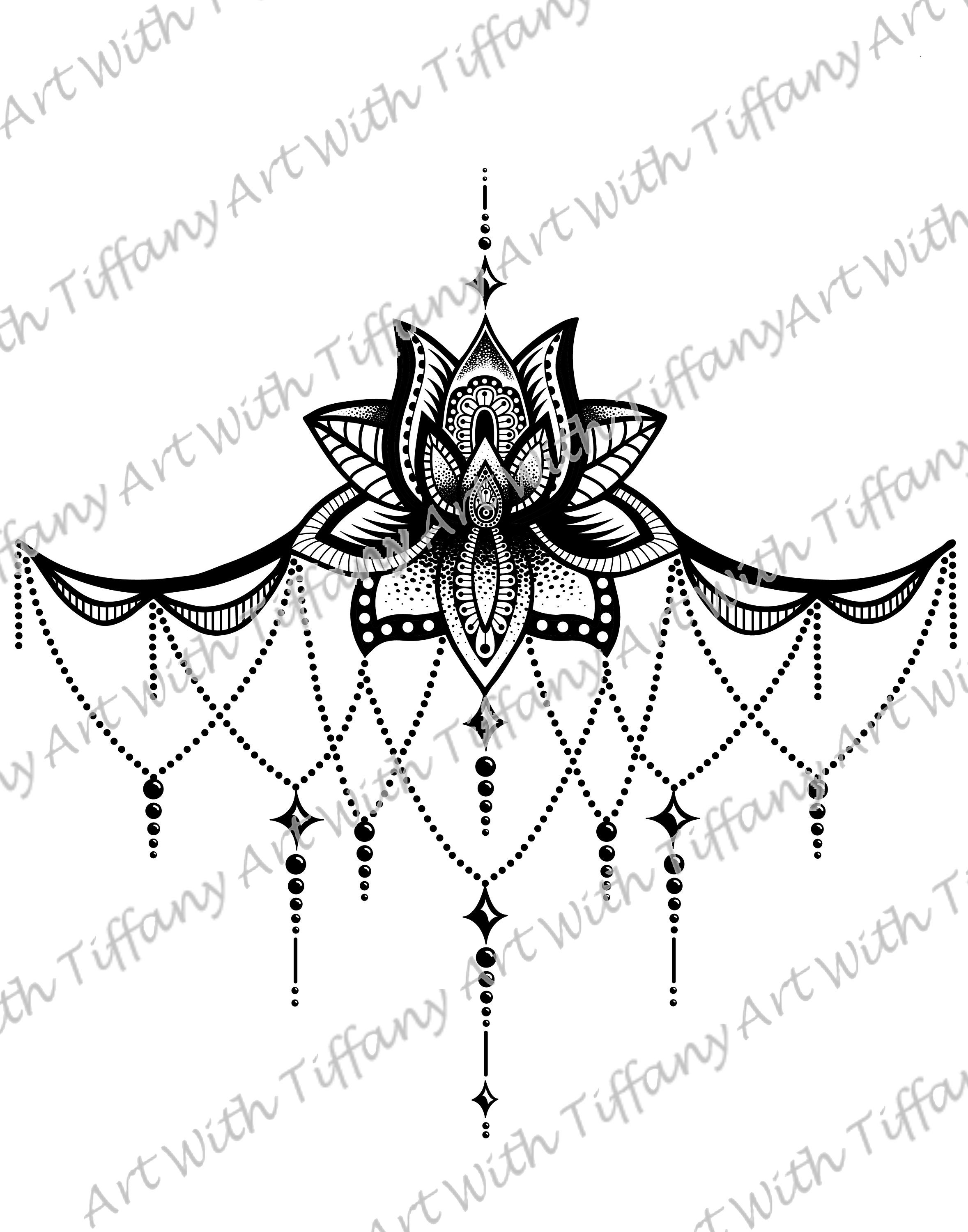 DIGITAL FILE: Lotus Mandala Ornament Underboob Sternum/Chest Tattoo Design; Black and White