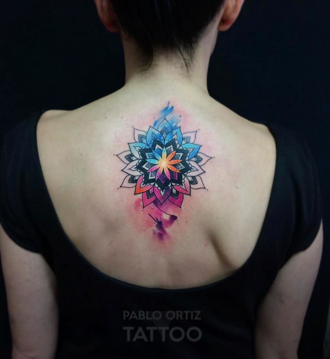 Watercolor Mandala Back Tattoo