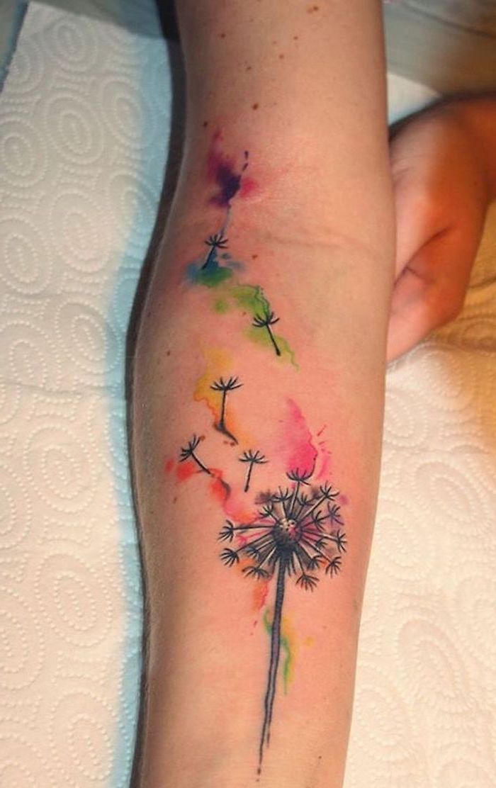 Small flower tattoos dandelion watercolor forearm tattoo white paper