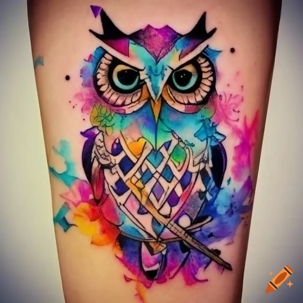 Watercolor owl tattoo with mandala and star designs on Craiyon