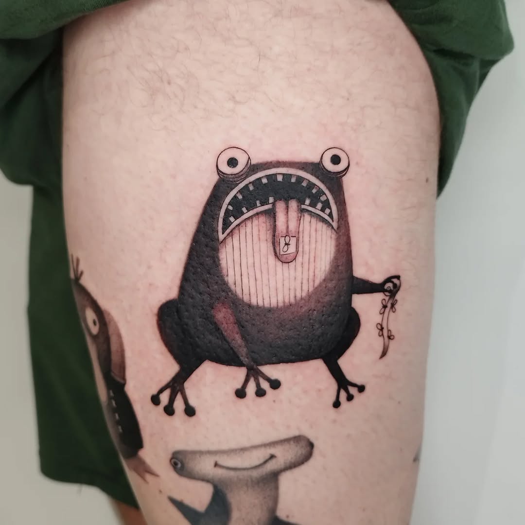 Quirky frog tattoo with playful features