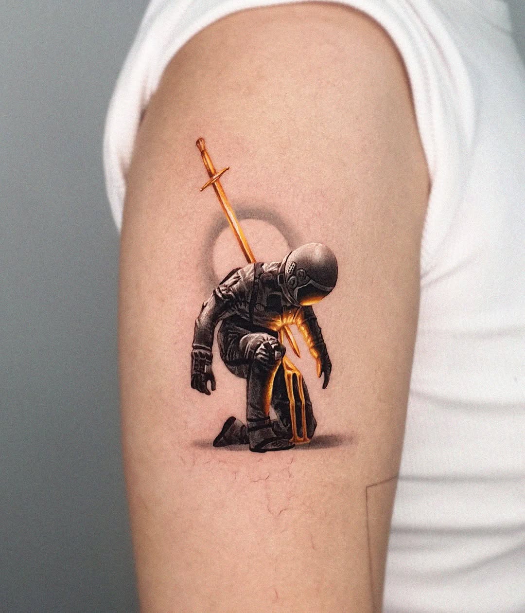 Intricate sword tattoo with a unique character