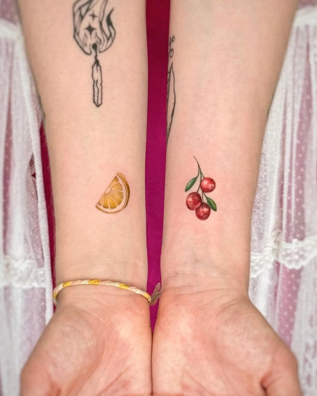 Vibrant Lemon and Cherry Tattoo Pair