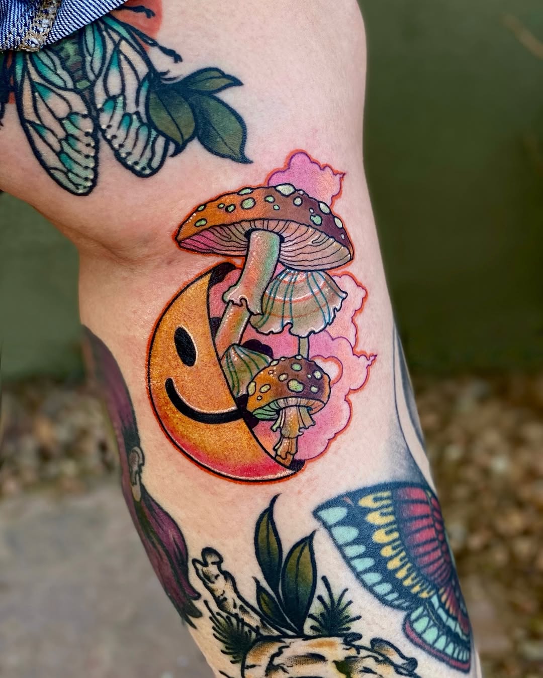 Cheerful mushrooms on a smiling crescent moon