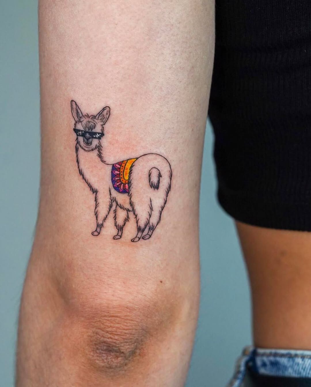 Charming llama tattoo with a colorful blanket