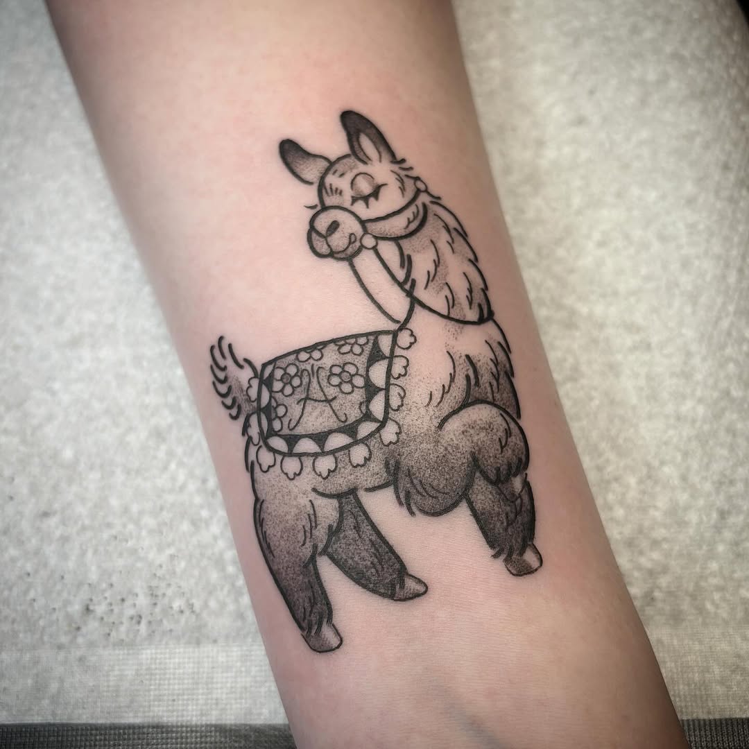 Adorable cartoon llama tattoo with playful vibes