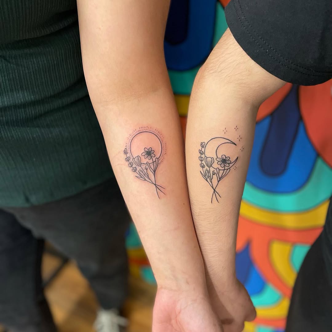 Unique sibling tattoos with floral moon designs