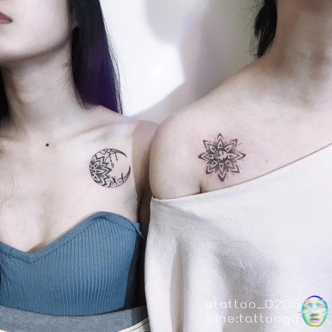 Elegant bonding through moon and flower tattoos
