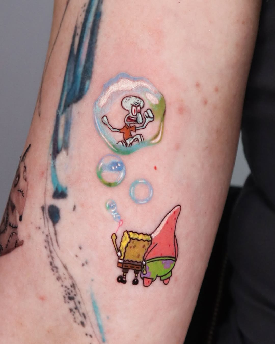 Cheerful SpongeBob and Patrick Bubble Tattoo