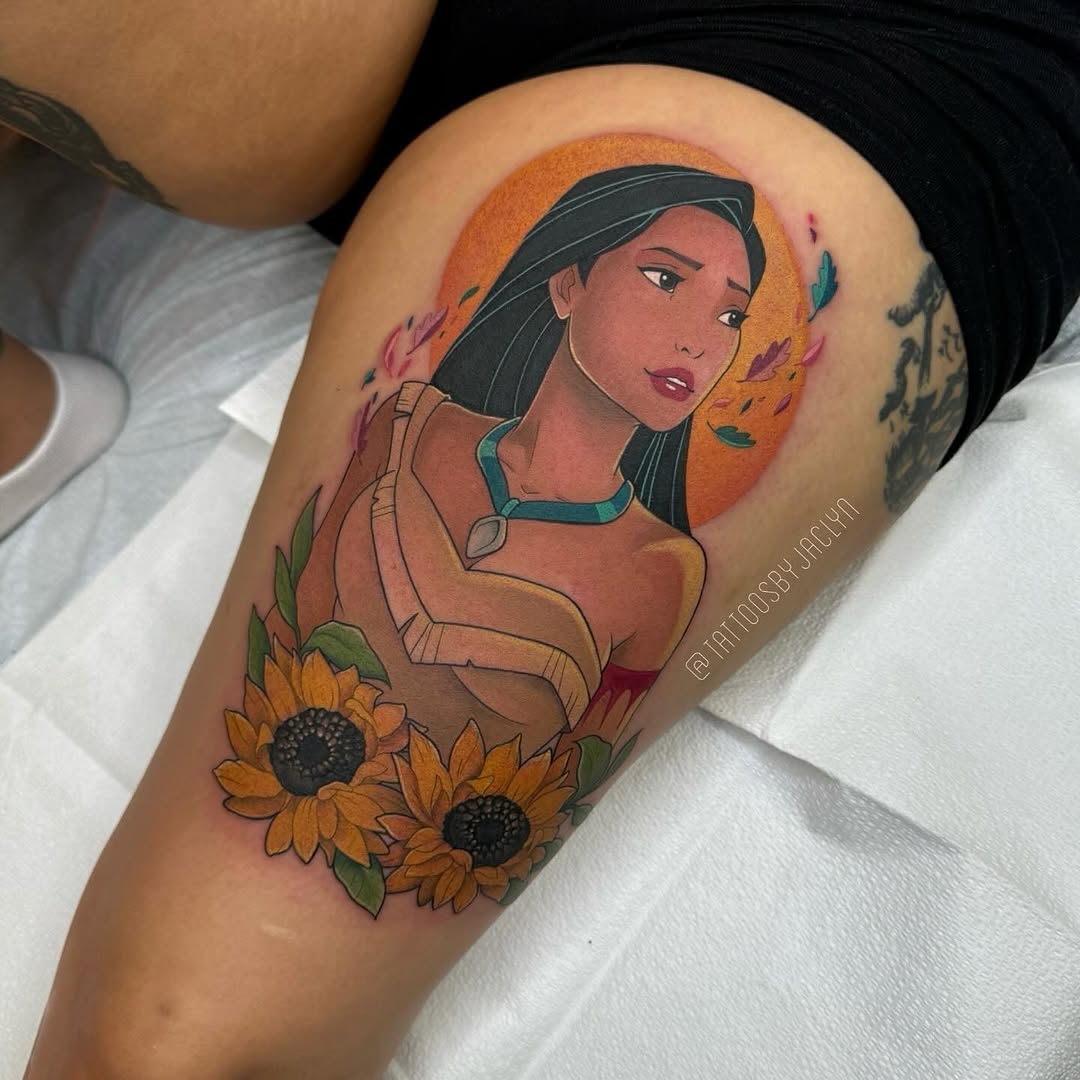 Vibrant Pocahontas Tattoo with Sunflowers