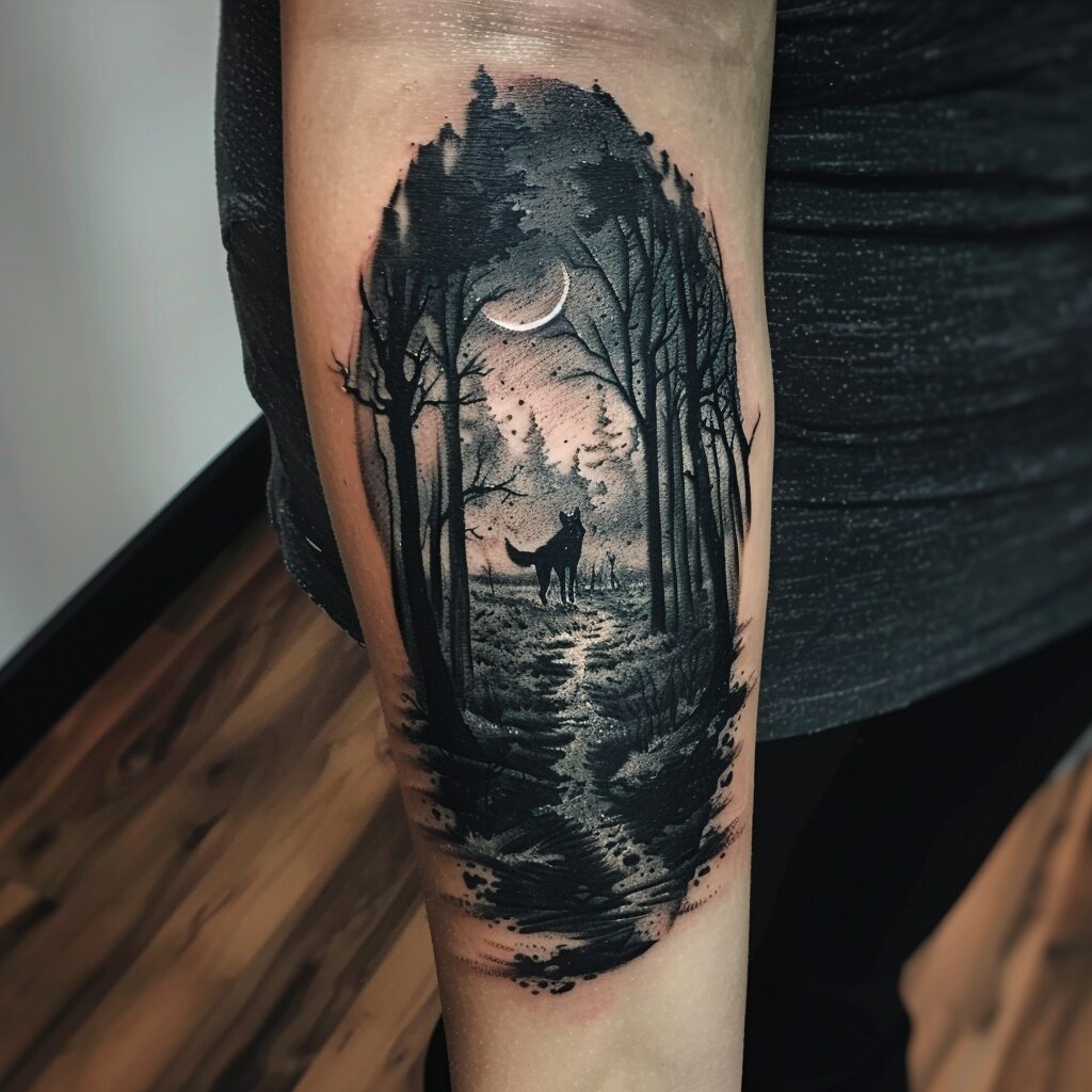 Mysterious Forest Scene with Howling Wolf