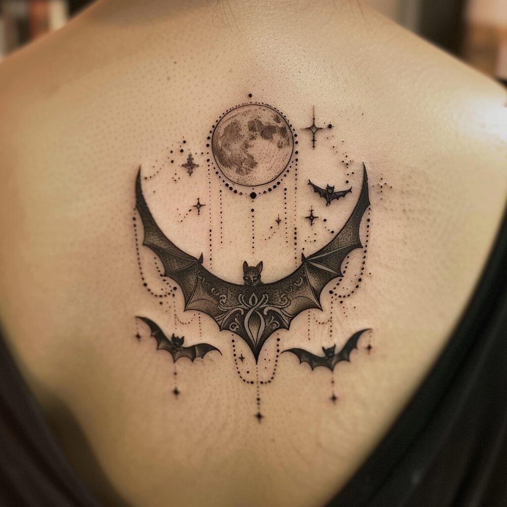 Elegant back tattoo with bats and moon
