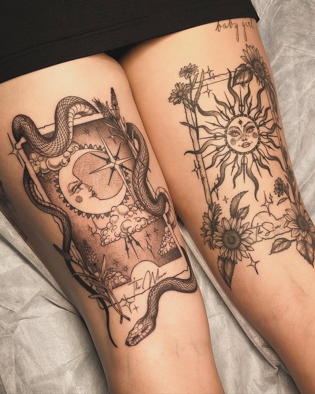 Intricate moon and sun tattoo design for women