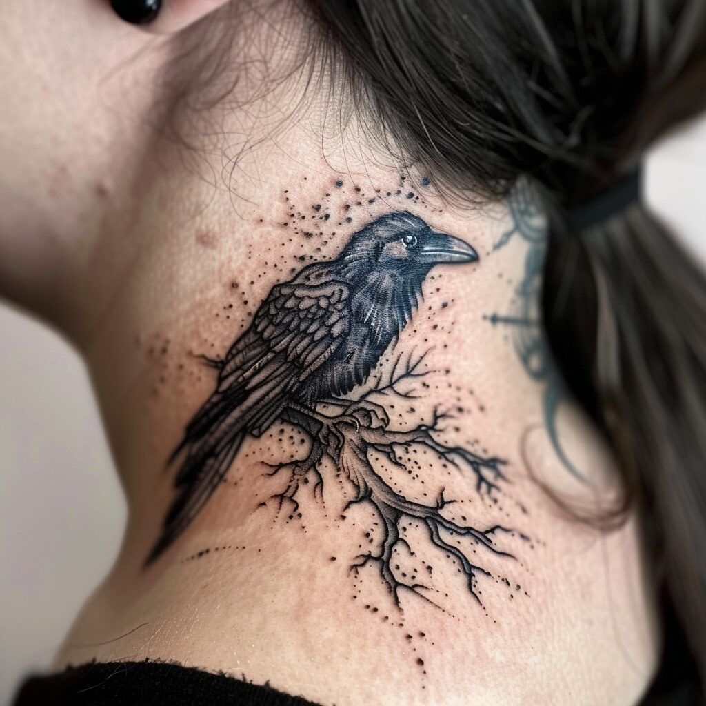 Intricate Raven Tattoo with Branch Details