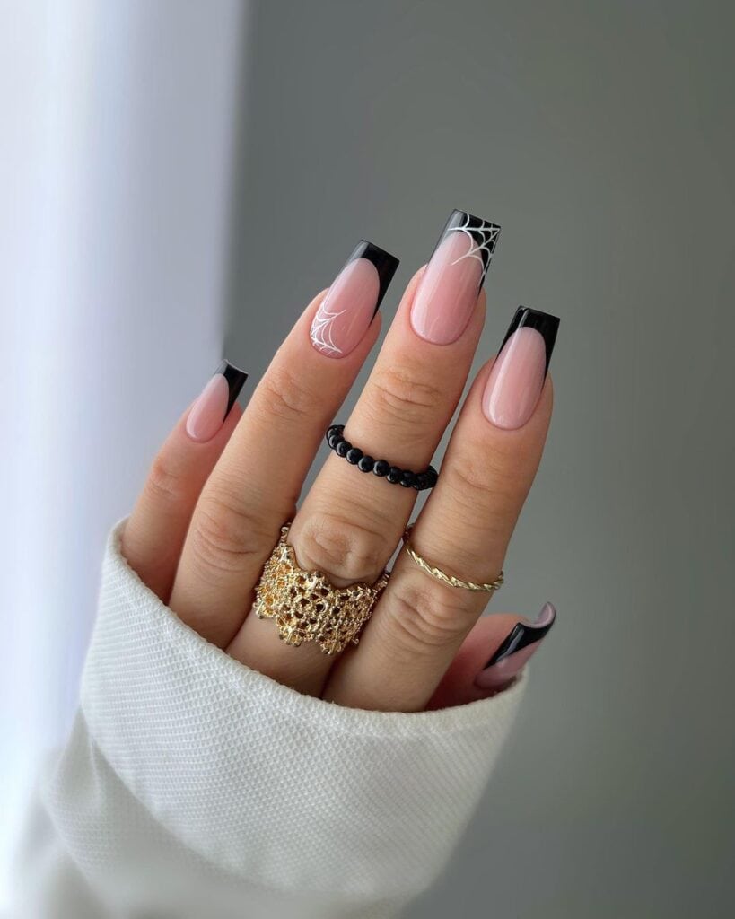 Black French Tip Nails with Spider Web