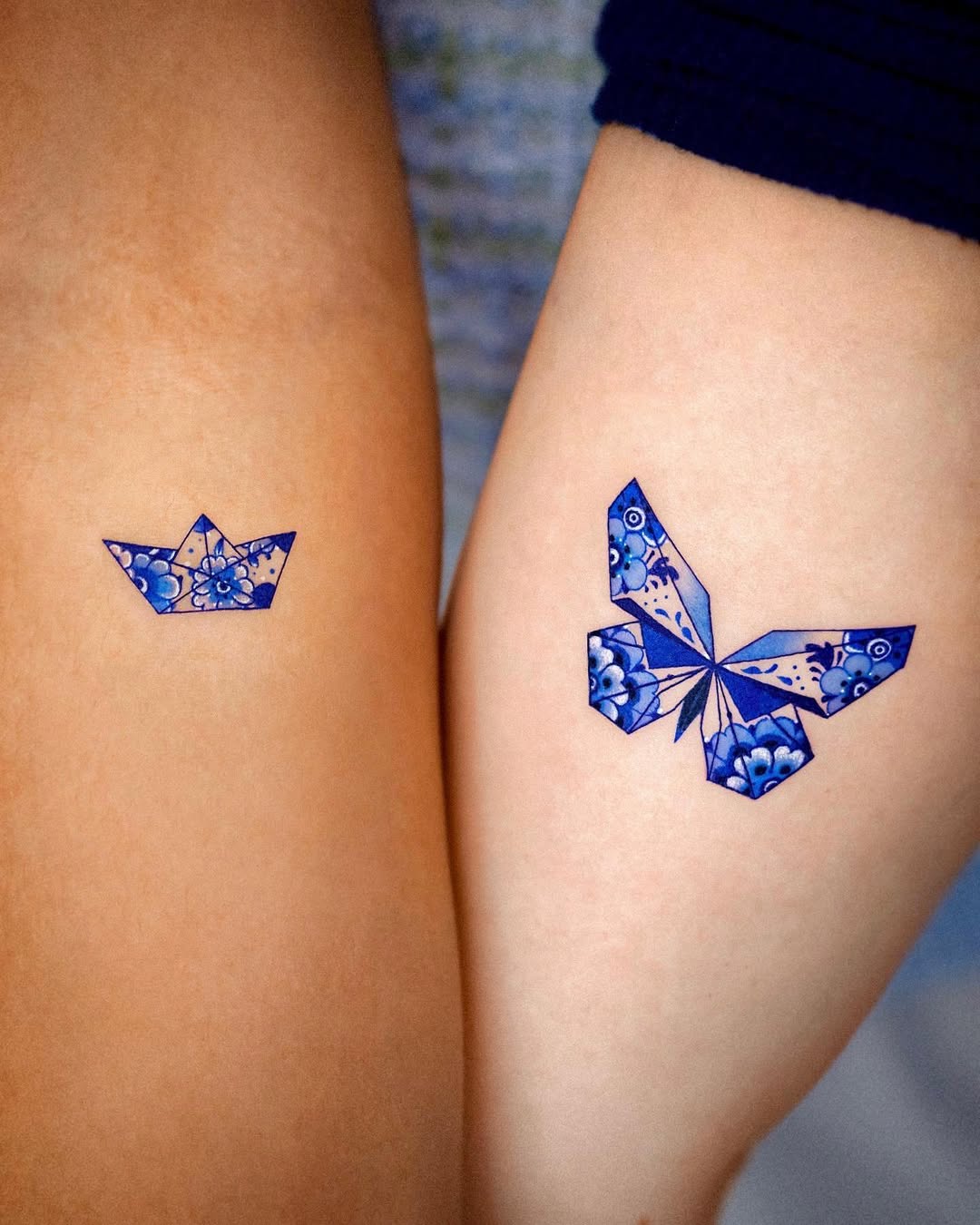 Intricate Twin Tattoos of Butterfly and Crane