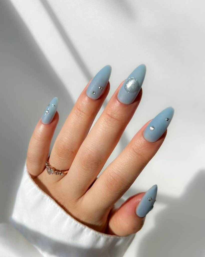 Matte Rhinestone Blue Nails 