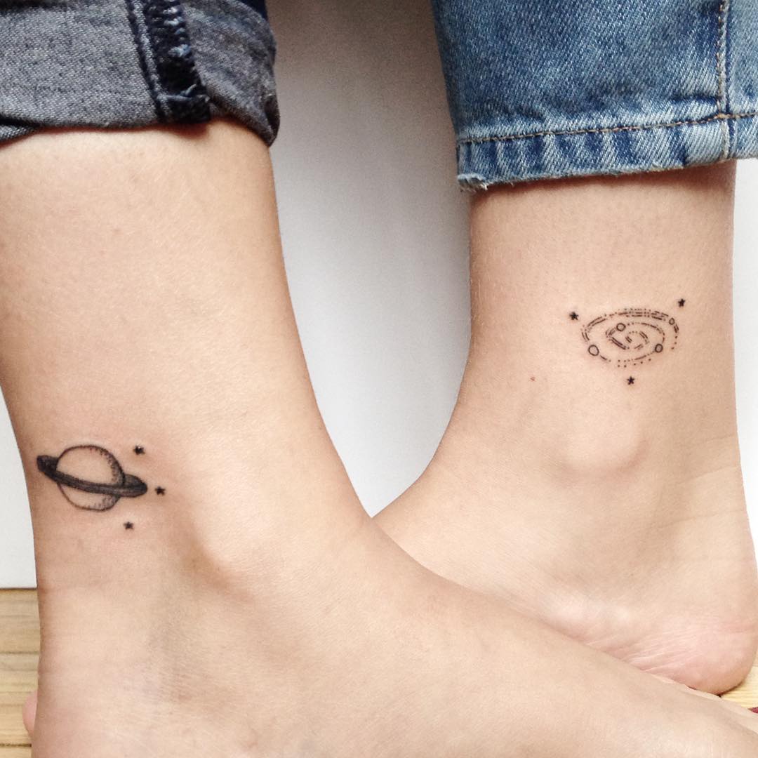 Charming cosmic best friend tattoos on ankles