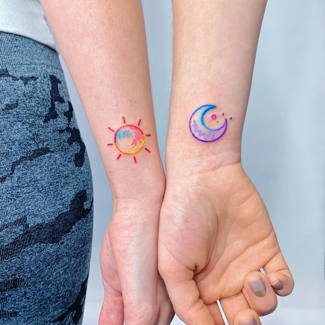 Colorful sun and moon best friend tattoos
