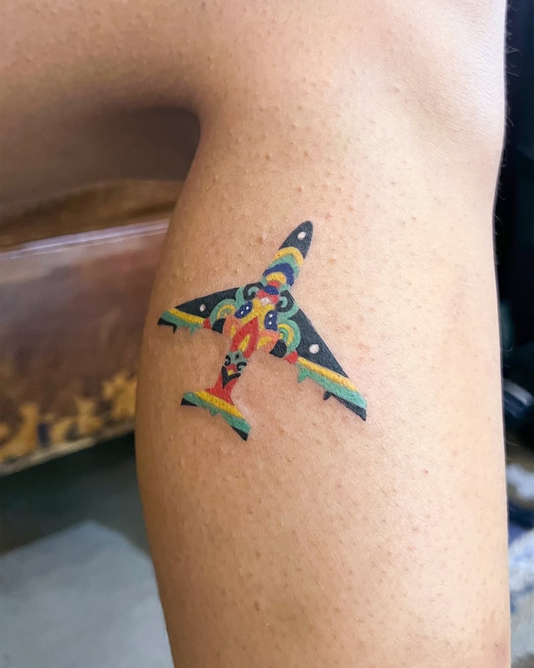 Vibrant airplane tattoo with a unique design