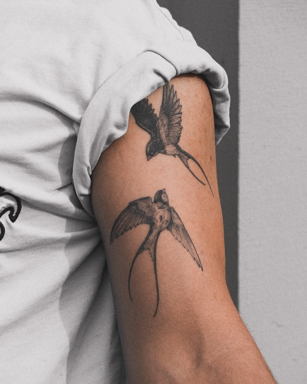 Elegant swallow tattoos take flight on arm.