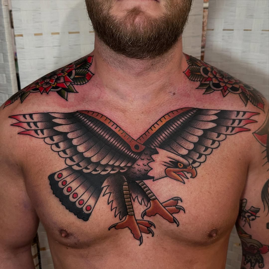 Bold Eagle Design on Chest with Flowers