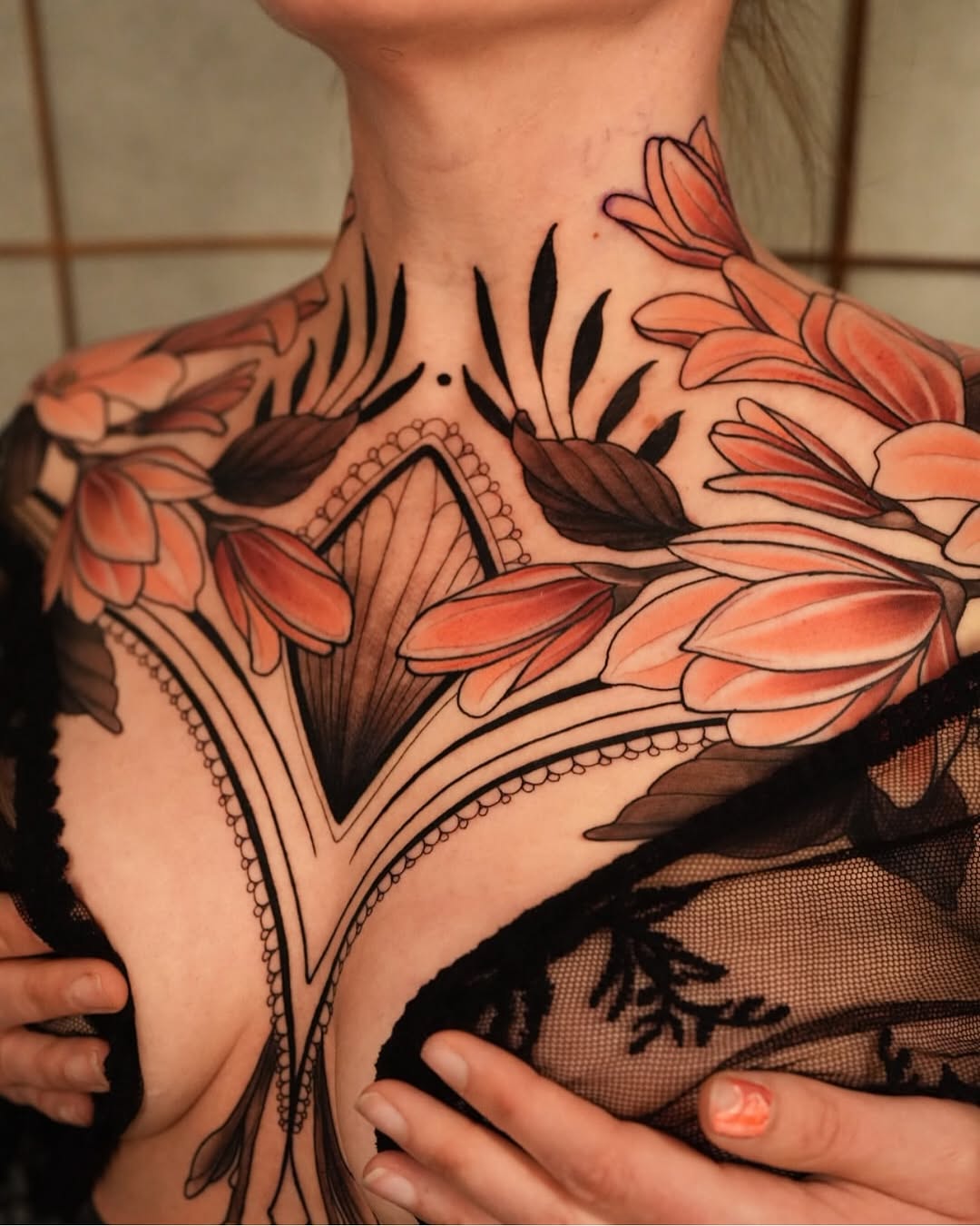 Stunning Floral Chest Tattoo Design