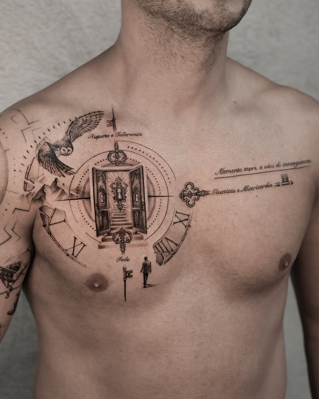 Intricate chest tattoo showcasing symbolism and art