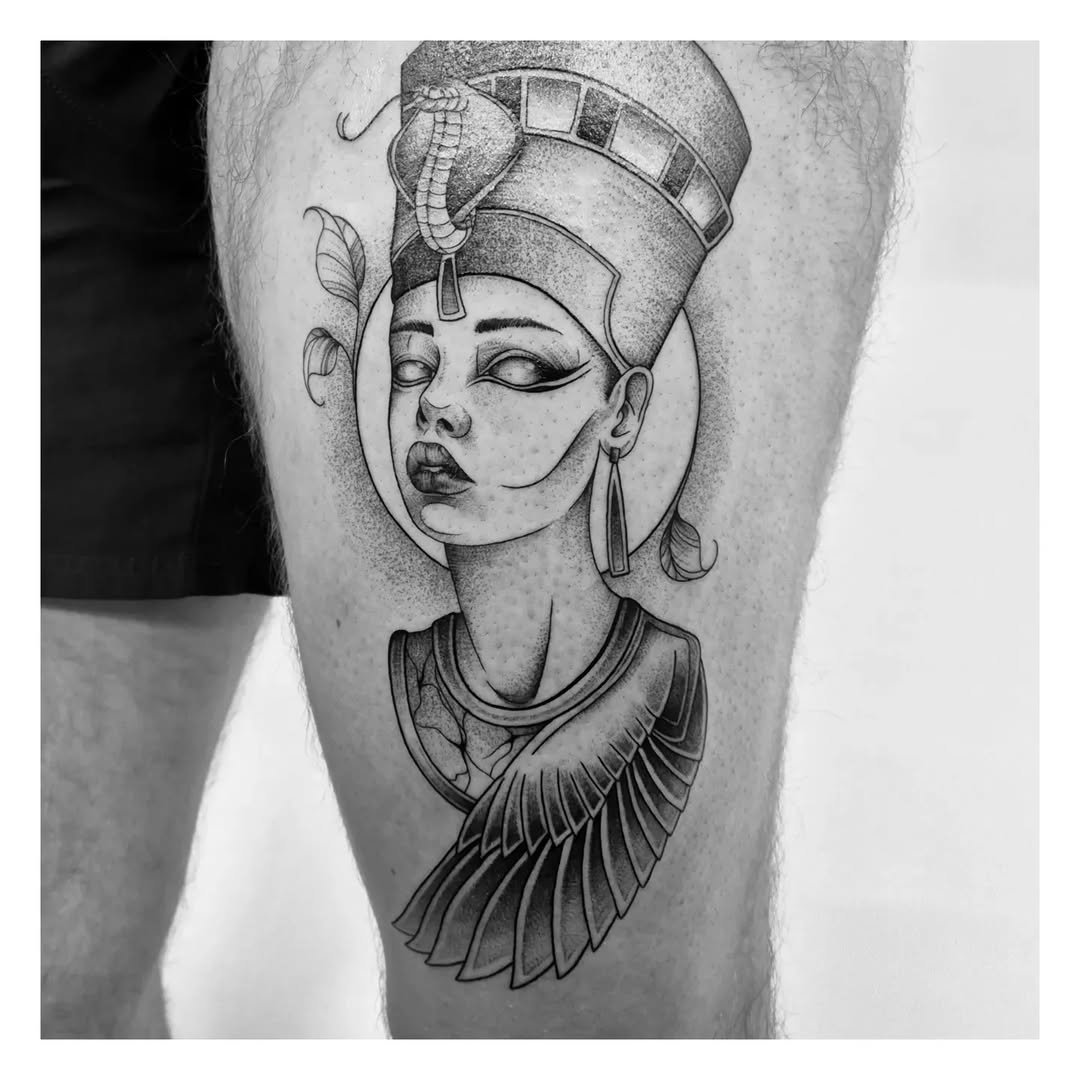 Intricate Nefertiti Tattoo Design in Black Ink