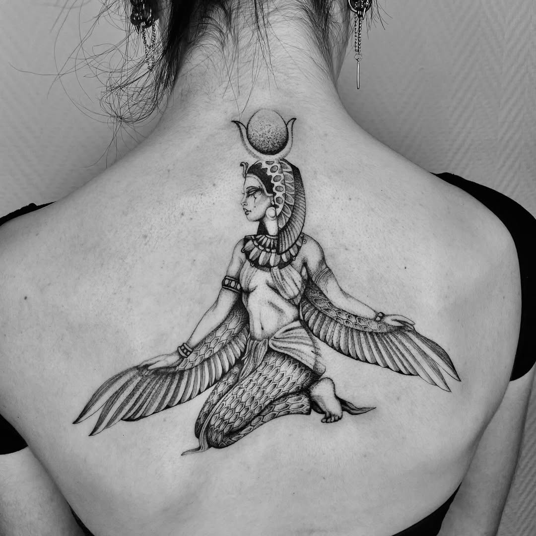 Stunning depiction of an Egyptian goddess tattoo