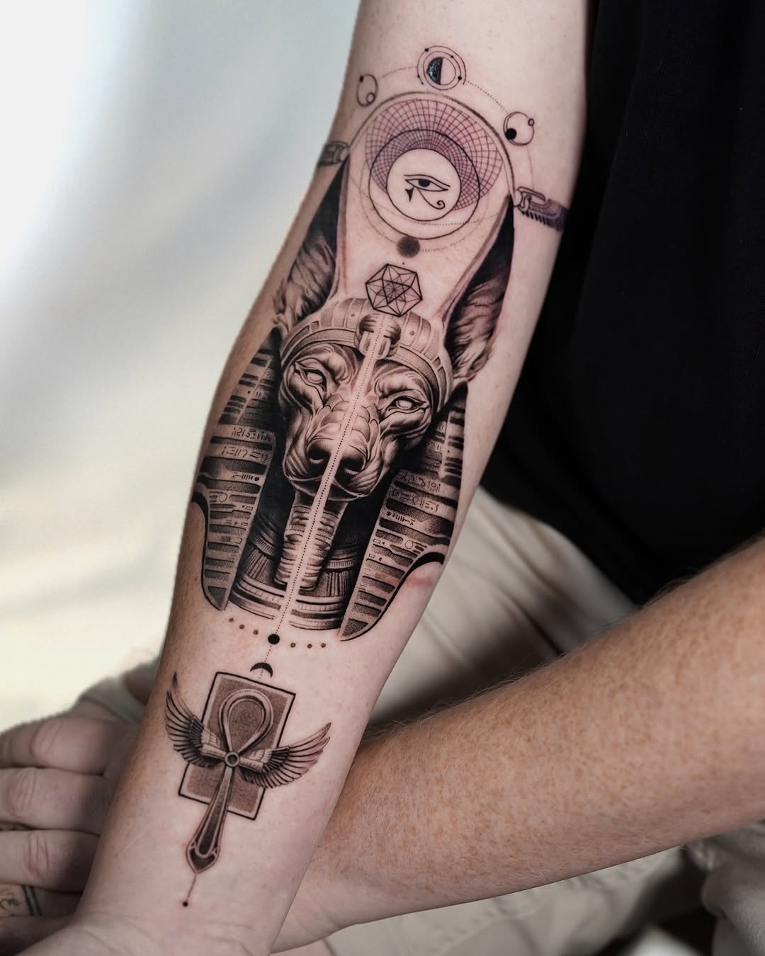 Intricate Egyptian Pharaoh Tattoo with Ankh Symbol