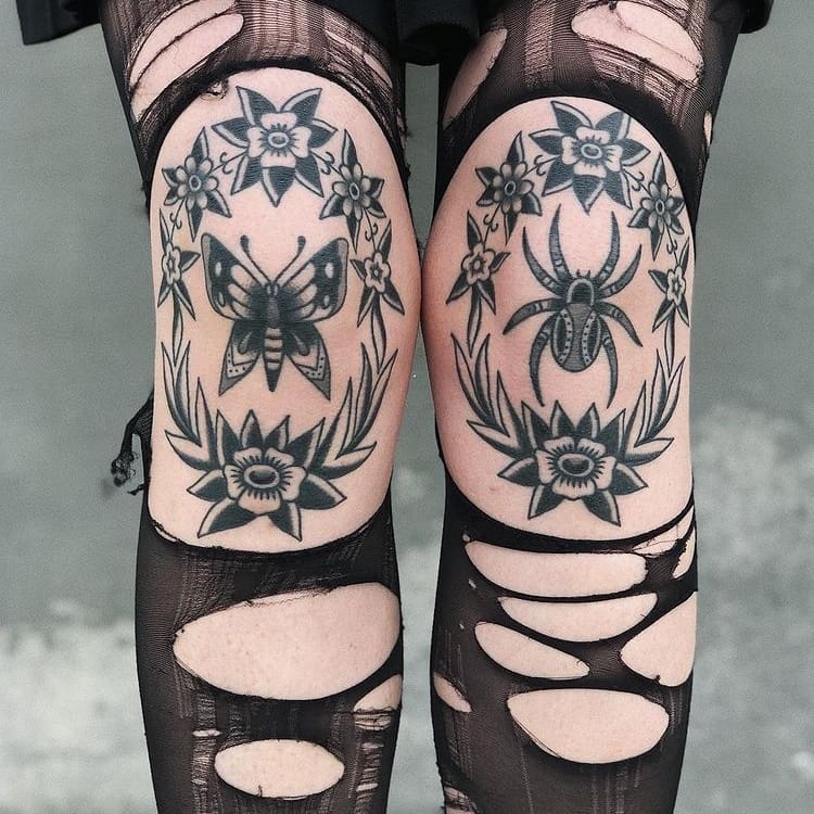 Bold knee tattoos featuring intricate floral designs