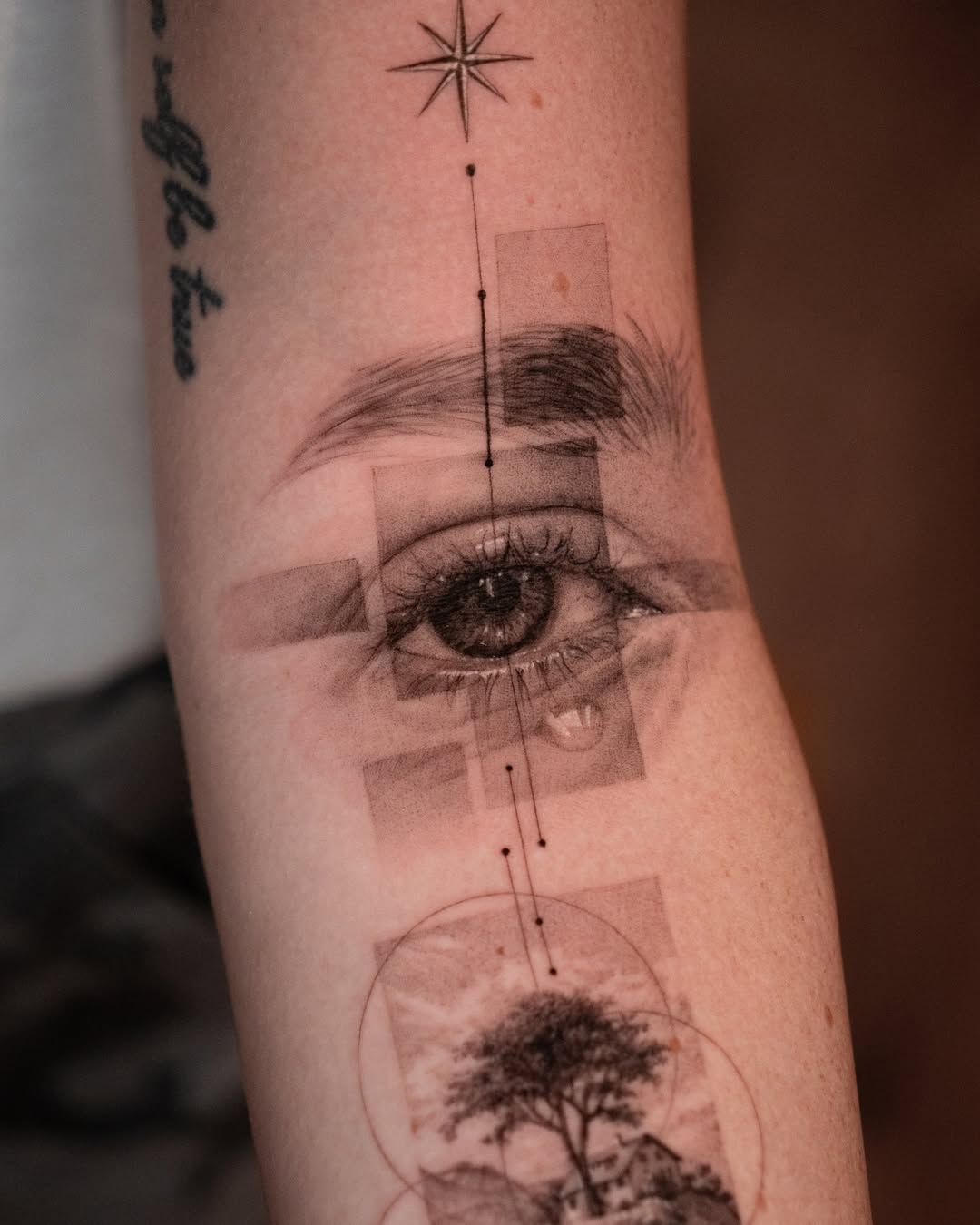 Intricate eye tattoo with abstract elements