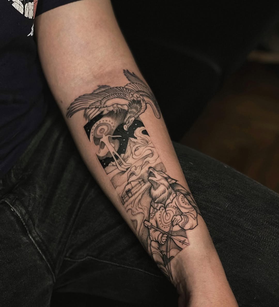 Striking Hawk Tattoo with Mystical Elements