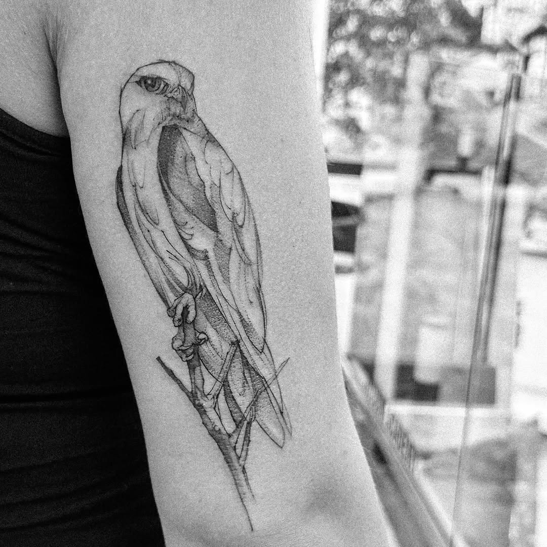 Detailed hawk tattoo in black and white