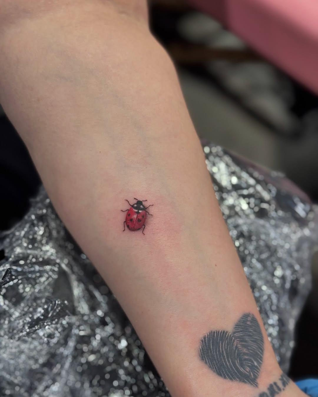 Charming small red ladybug tattoo on arm