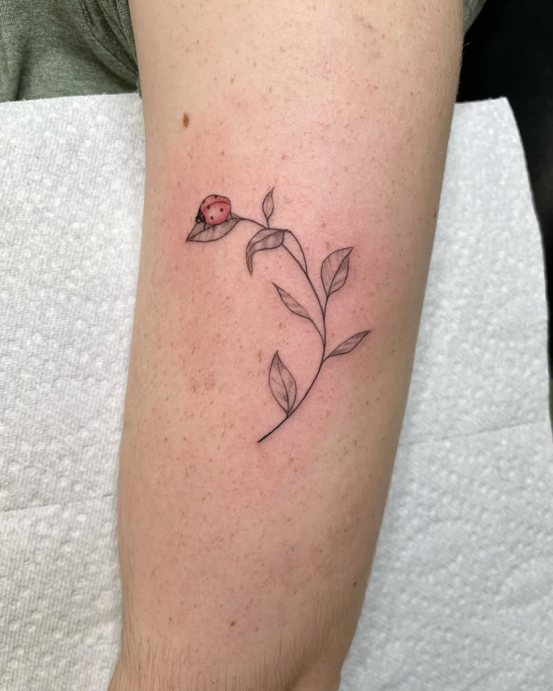 Charming ladybug on delicate floral tattoo design