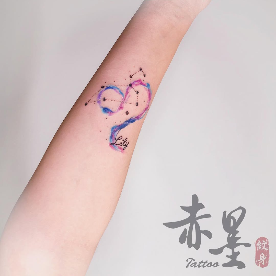 Colorful Leo tattoo with infinity design