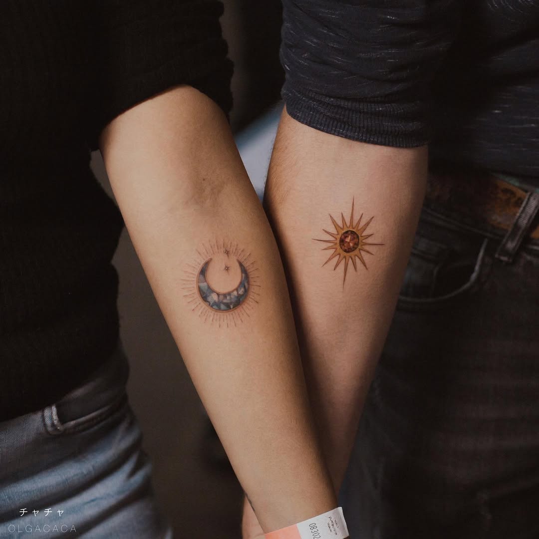 Elegant sun and moon couple tattoos