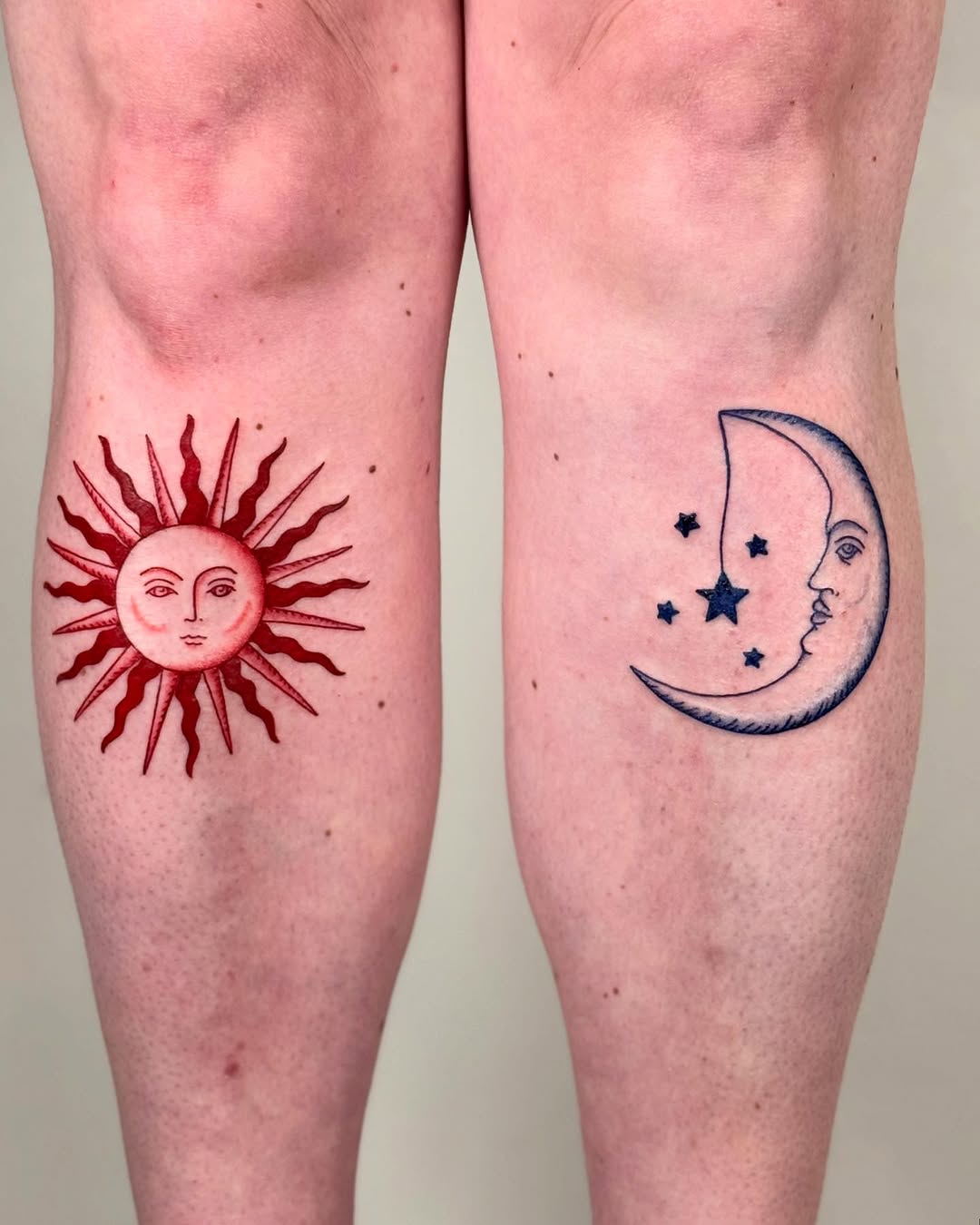 Stunning sun and moon tattoo designs on thighs